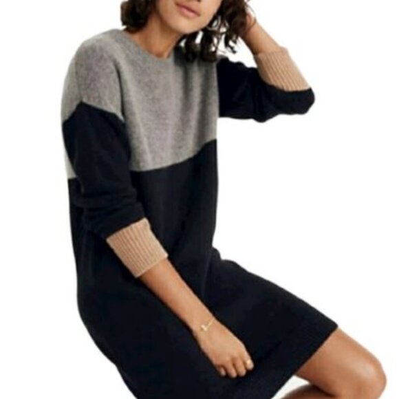 Madewell Merino Wool Colorblock Sweater Dress, Black, Gray, Tan, Size L - Picture 1 of 7